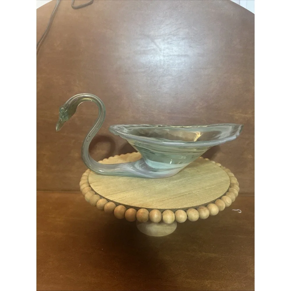 Hand Blown Green-Clear Glass Swan Dish / Bowl Vintage Decor15.5